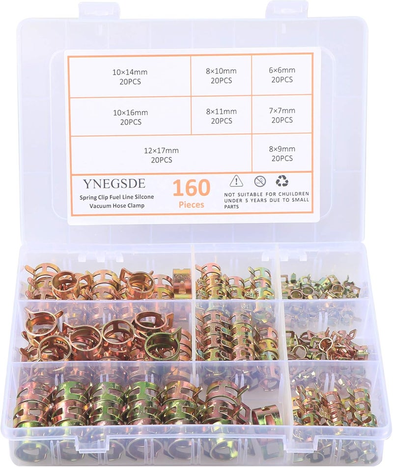 YNEGSDE Spring Band Type Fuel Line Silicone Vacuum Hose Water Pipe Clamp Low Pressure Air Tube Clamps Fastener Assortment Kit 8 Sizes 160PCS - Image 1